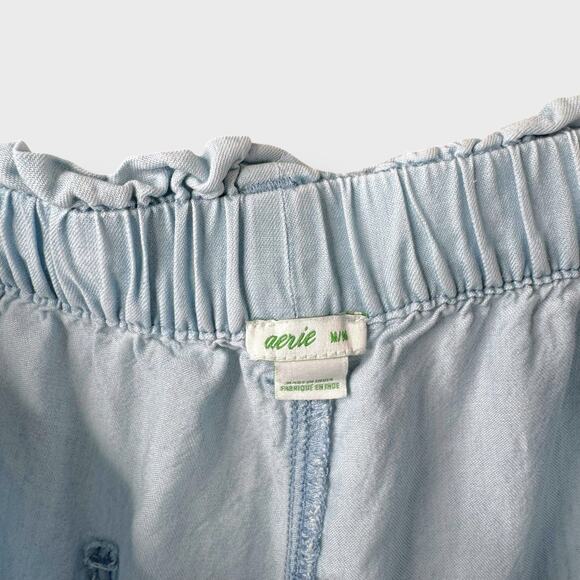 Aerie Paperbag Chambray Shorts Medium Blue High Waist Tie Waist Pocketed Beachy - Picture 4 of 5